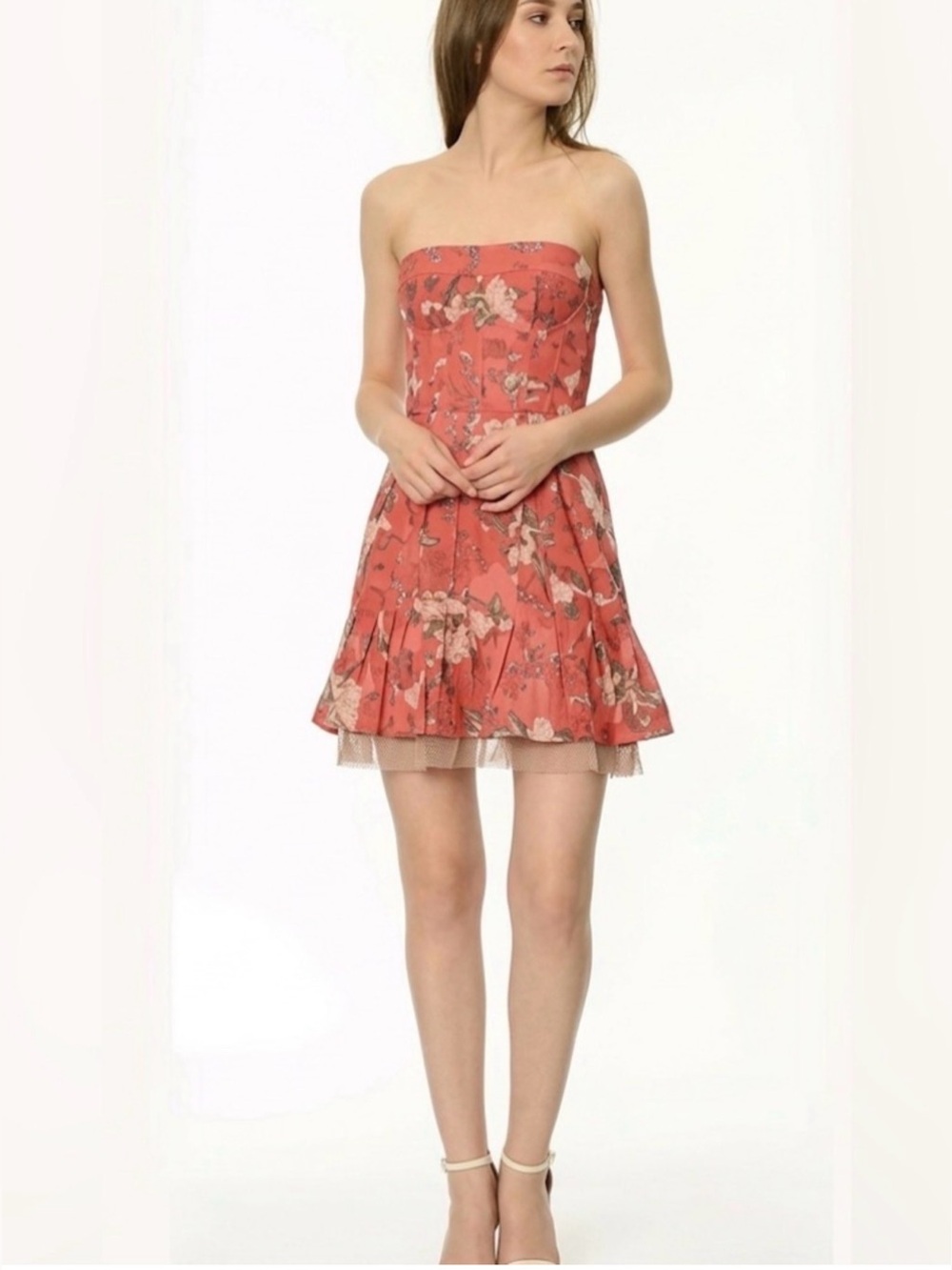 BCBGMaxAzria Erin Strapless Mini Dress Coral Floral Sz 10 Ruffle NWT Y2K Fairy